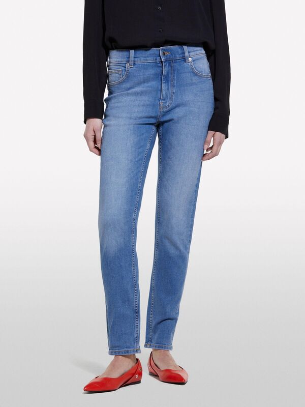 Streç Pamuklu Taş Yıkama Yüksel Bel Slim Fit Pantolon Kadın Buz mavisi Denim Pantolon - 325P47KZLE044