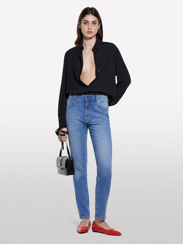 Streç Pamuklu Taş Yıkama Yüksel Bel Slim Fit Pantolon Kadın Buz mavisi Denim Pantolon - 325P47KZLE044