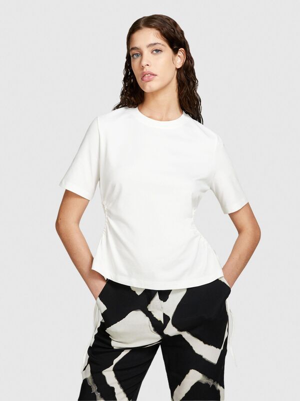 Streç Pamuklu Yanları Büzgülü Bisiklet Yaka T-Shirt Kadın Kırık Beyaz T-Shirt - 324P3X23L105M