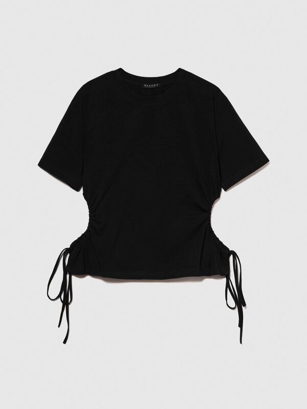 Streç Pamuklu Yanları Büzgülü Bisiklet Yaka T-Shirt Kadın Siyah T-Shirt - 324P3X23L105M