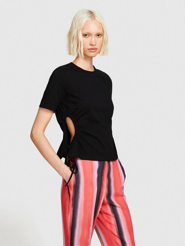 Streç Pamuklu Yanları Büzgülü Bisiklet Yaka T-Shirt Kadın Siyah T-Shirt - 324P3X23L105M