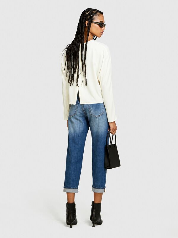 Sisley - Streç Pamuklu Yüksek Bel Kıvrık Paça Denim Pantolon Kadın Siyah Mix Pantolon - 324P47DF575O7