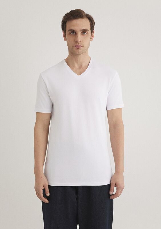 STRETCH V YAKA TİŞÖRT Erkek Beyaz Basic T-Shirt - M061748