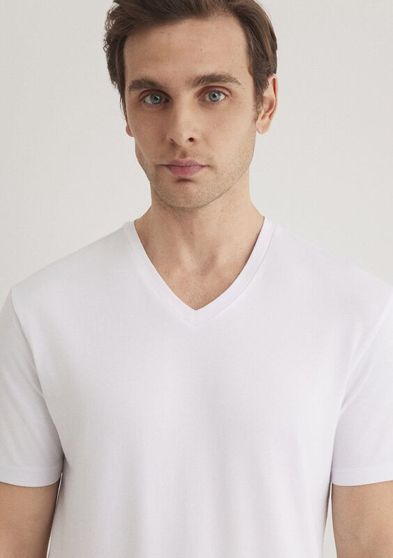 STRETCH V YAKA TİŞÖRT Erkek Beyaz Basic T-Shirt - M061748