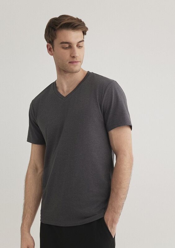 STRETCH V YAKA TİŞÖRT Erkek Gri Basic T-Shirt - M061748