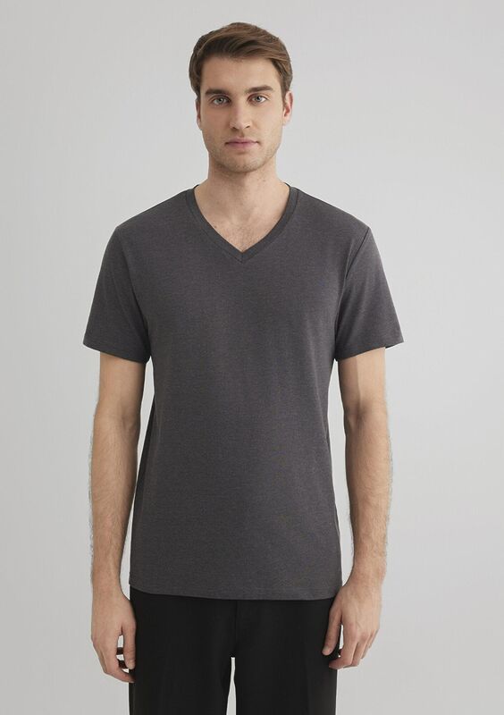 STRETCH V YAKA TİŞÖRT Erkek Gri Basic T-Shirt - M061748