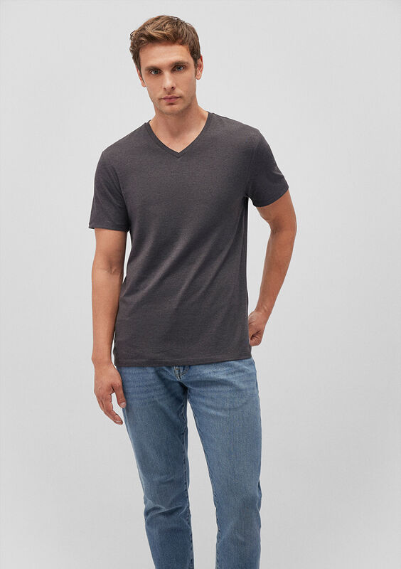STRETCH V YAKA TİŞÖRT Erkek Gri T-Shirt - M061748