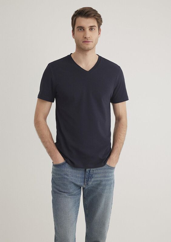 STRETCH V YAKA TİŞÖRT Erkek Koyu Mavi Basic T-Shirt - M061748