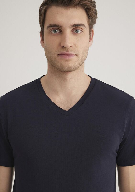 STRETCH V YAKA TİŞÖRT Erkek Koyu Mavi Basic T-Shirt - M061748