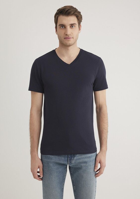 STRETCH V YAKA TİŞÖRT Erkek Koyu Mavi T-Shirt - M061748