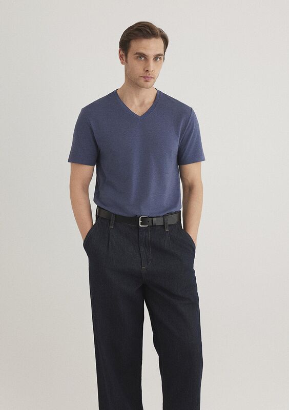 STRETCH V YAKA TİŞÖRT Erkek Mavi Basic T-Shirt - M061748