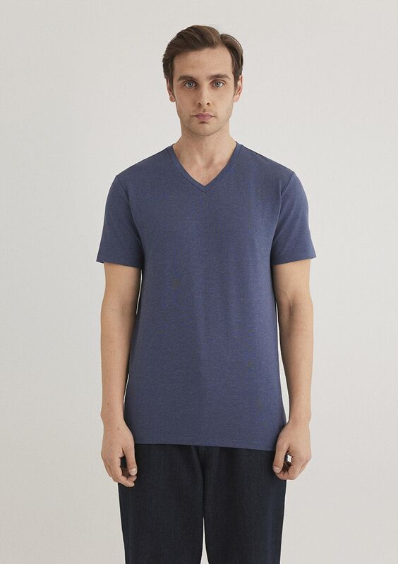 STRETCH V YAKA TİŞÖRT Erkek Mavi Basic T-Shirt - M061748