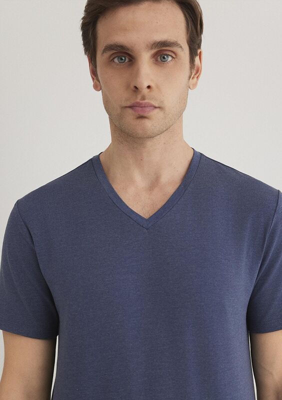 STRETCH V YAKA TİŞÖRT Erkek Mavi Basic T-Shirt - M061748