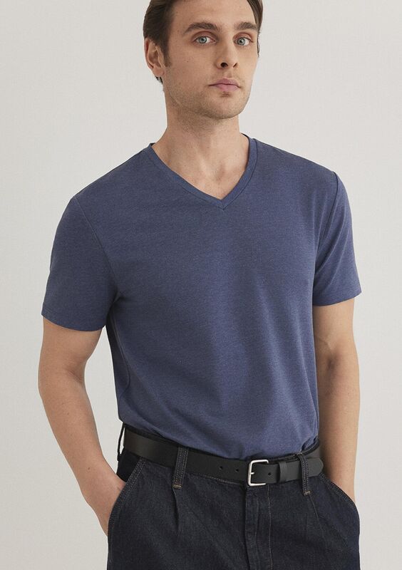 STRETCH V YAKA TİŞÖRT Erkek Mavi T-Shirt - M061748