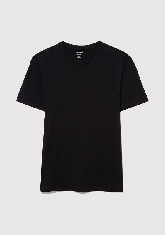 STRETCH V YAKA TİŞÖRT Erkek Siyah Basic T-Shirt - M061748
