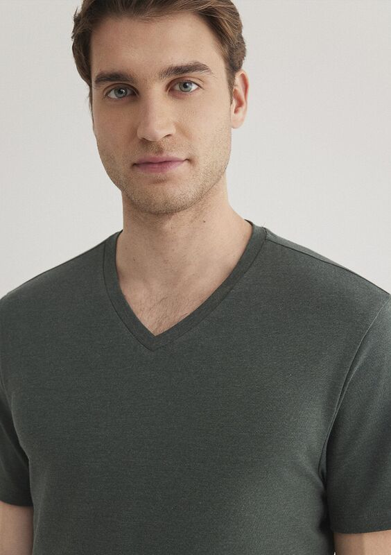STRETCH V YAKA TİŞÖRT Erkek Yeşil Basic T-Shirt - M061748