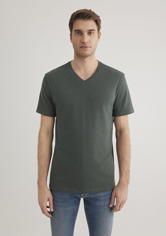 STRETCH V YAKA TİŞÖRT Erkek Yeşil Basic T-Shirt - M061748