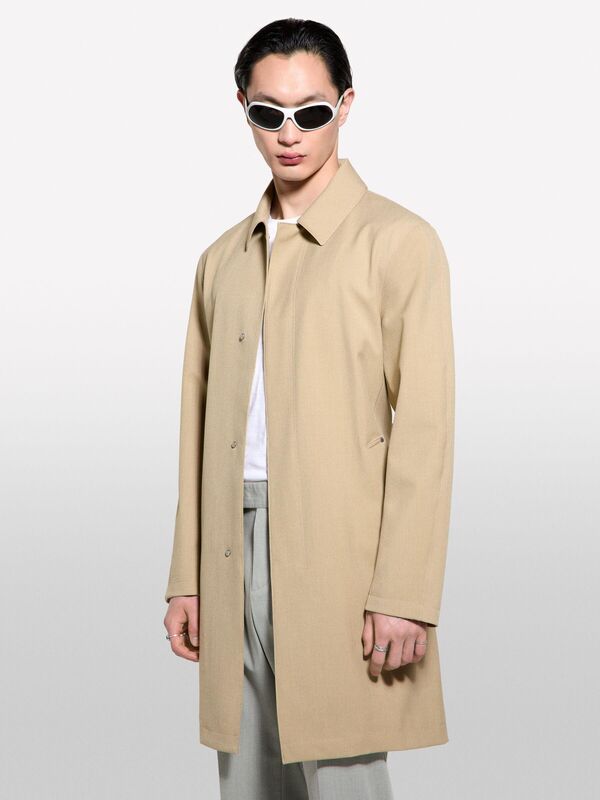 Su Geçirmez Kumaşlı Logolu Kemerli Regular Fit Trençkot Erkek Mavi Trençkot - 325P2THMSN03V