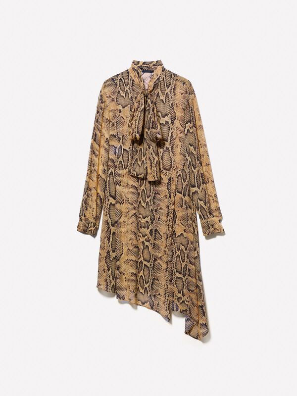 Sisley - Tamamı Baskılı Bağlama Detaylı Etek Ucu Asimetrik Elbise Kadın Koyu Sarı Desenli Elbise - 324A4YBMLV065