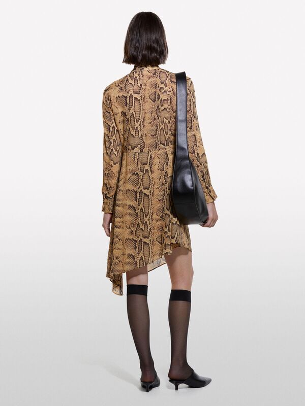 Tamamı Baskılı Bağlama Detaylı Etek Ucu Asimetrik Elbise Kadın Koyu Sarı Desenli Elbise - 324A4YBMLV065