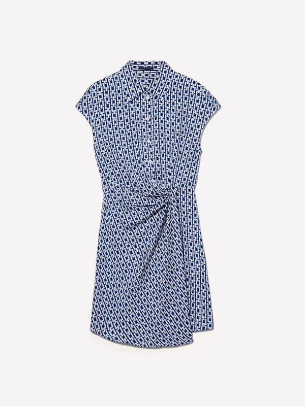 Tamamı Baskılı Önü Büzgü Detaylı Kısa Gömlek Yaka Elbise Kadın Mavi Mix Gömlek - 324A47ZTLV064