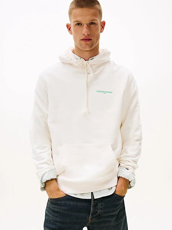 Tommy Hilfiger - TJM REG BLUR SCRPT BCK HOOD EXT Erkek Beyaz Kazak - DM0DM22112