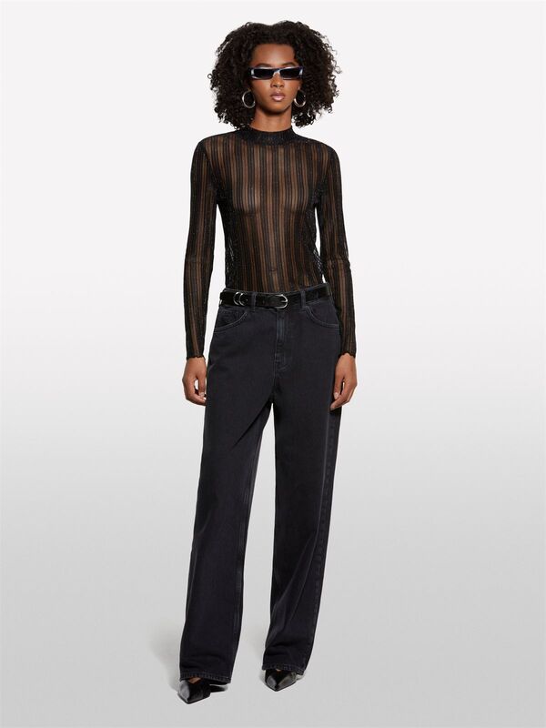 Sisley - Trasparan Regular Fit Uzun Kollu T-Shirt Kadın Siyah T-Shirt - 325A327PL200U