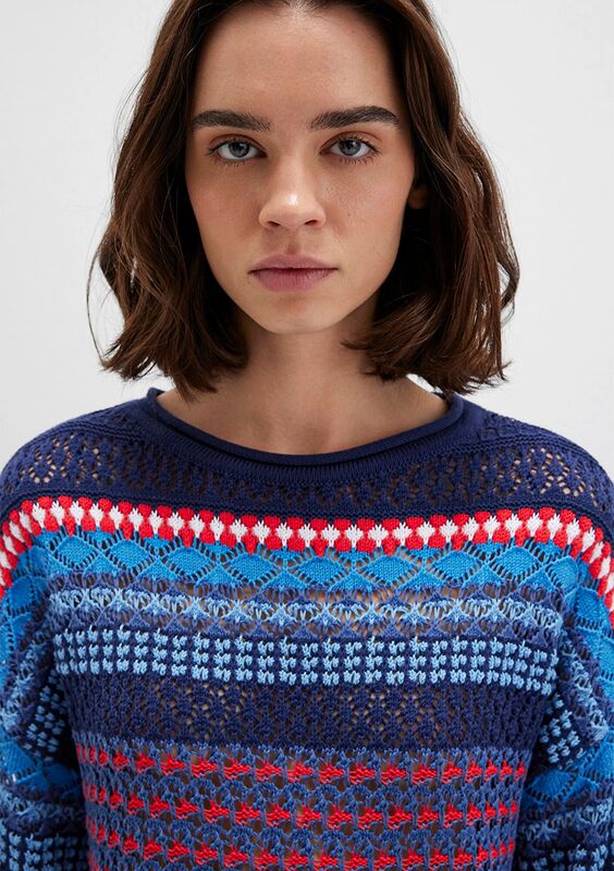 TURUNCU ÇİZGİLİ KAZAK Kadın Mavi Kazak - M1710329