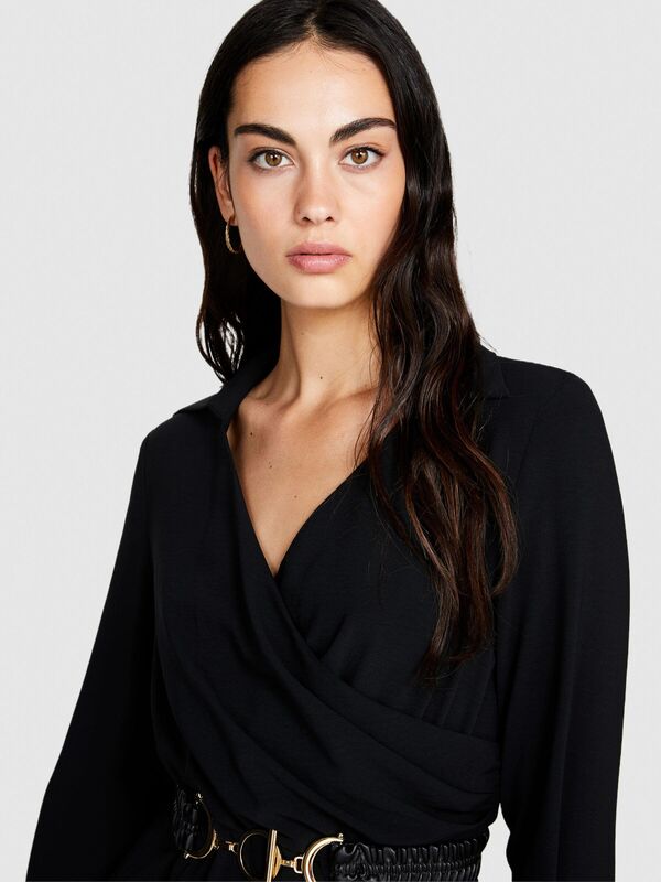 Uzun Kollu Beli Büzgülü Gömlek V Yaka Anvelop Elbise Kadın Siyah Elbise - 323A4LTHLV049