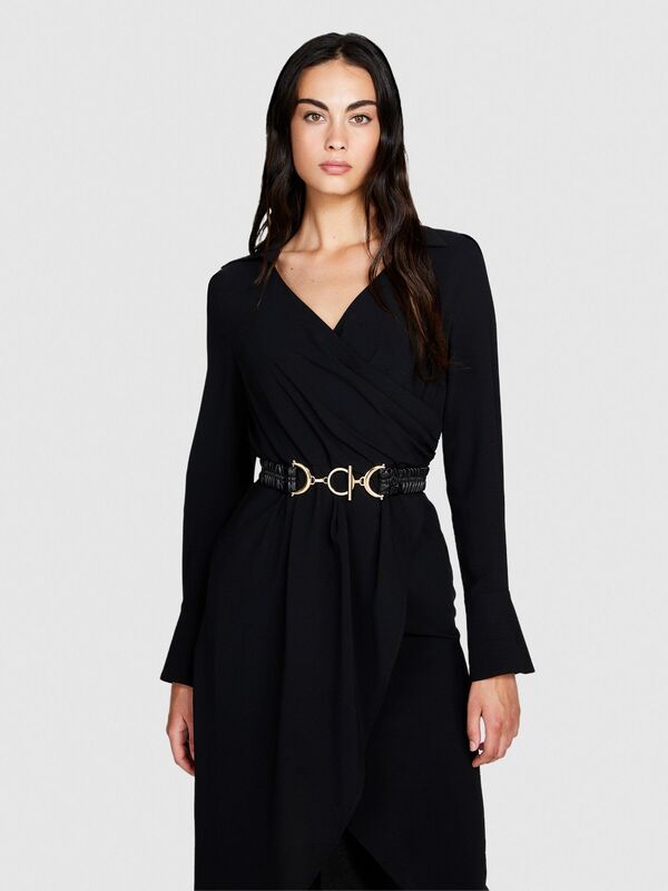 Uzun Kollu Beli Büzgülü Gömlek V Yaka Anvelop Elbise Kadın Siyah Elbise - 323A4LTHLV049