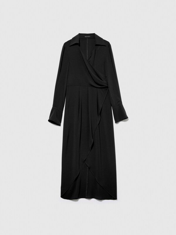 Uzun Kollu Beli Büzgülü Gömlek V Yaka Anvelop Elbise Kadın Siyah Elbise - 323A4LTHLV049