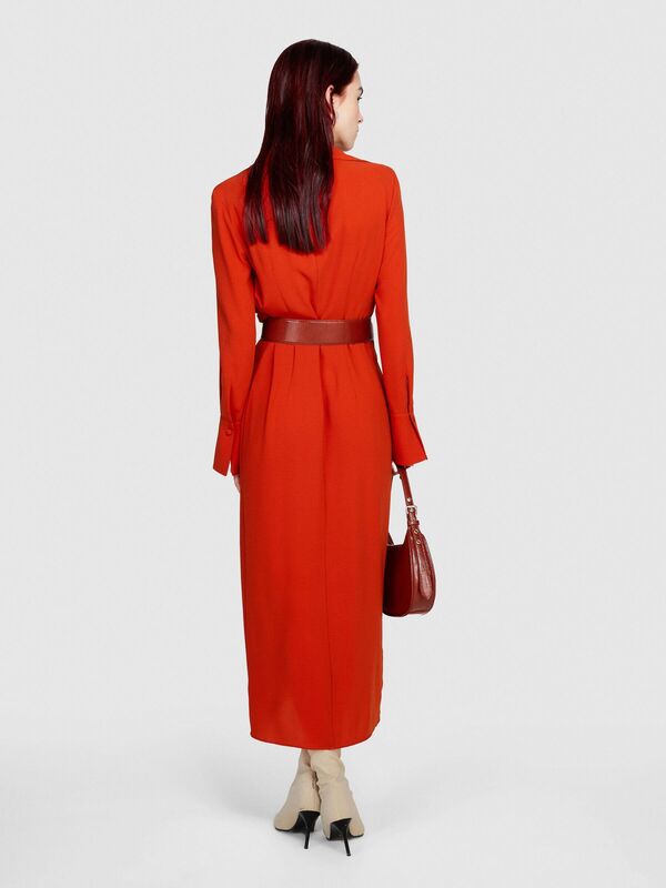 Sisley - Uzun Kollu Beli Büzgülü Gömlek V Yaka Anvelop Elbise Kadın Turuncu Elbise - 323A4LTHLV049