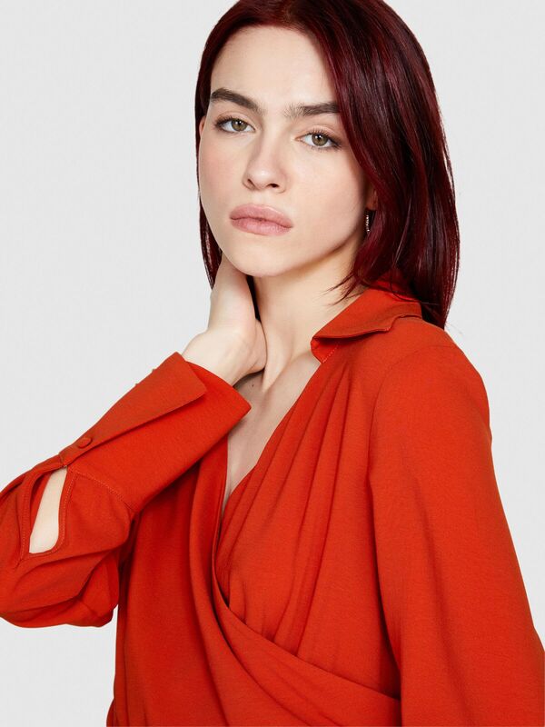 Uzun Kollu Beli Büzgülü Gömlek V Yaka Anvelop Elbise Kadın Turuncu Elbise - 323A4LTHLV049