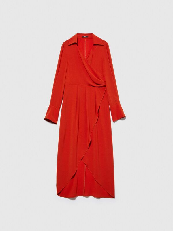 Uzun Kollu Beli Büzgülü Gömlek V Yaka Anvelop Elbise Kadın Turuncu Elbise - 323A4LTHLV049