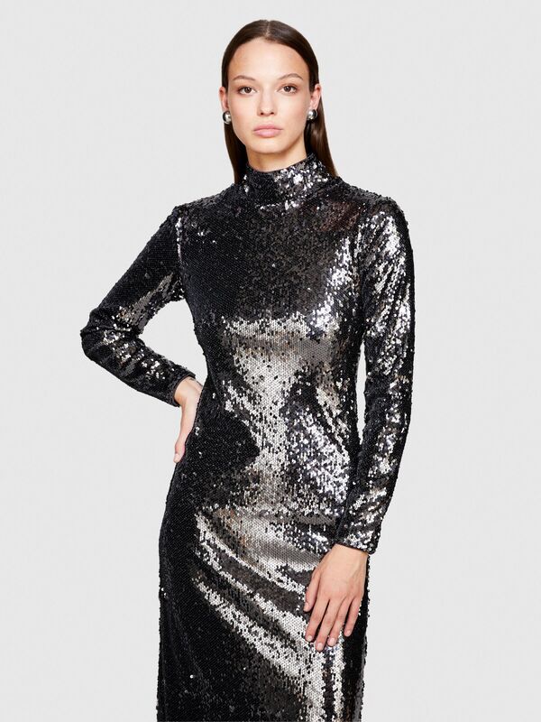 Uzun Kollu Parlak Elbise Kadın Siyah Elbise - 323A4TMZLV055