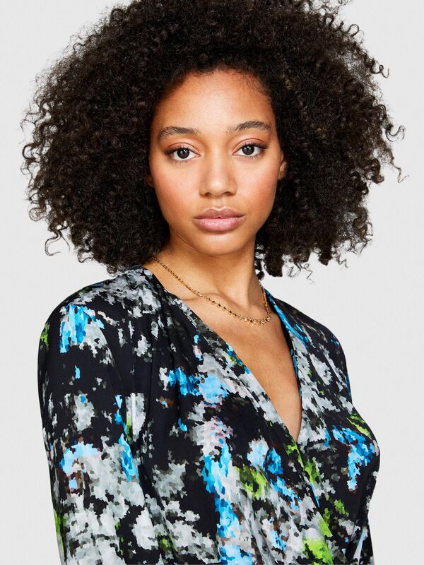 V Yaka Desenli Hafif Dökümlü Uzun Kollu Elbise Kadın Mor Elbise - 323A42WELV04I