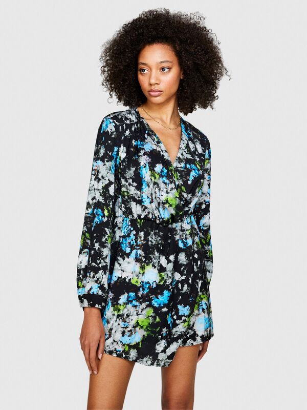 V Yaka Desenli Hafif Dökümlü Uzun Kollu Elbise Kadın Mor Elbise - 323A42WELV04I