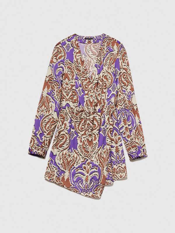 V Yaka Desenli Hafif Dökümlü Uzun Kollu Elbise Kadın Turuncu Elbise - 323A42WELV04I