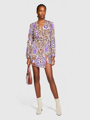 Sisley - V Yaka Desenli Hafif Dökümlü Uzun Kollu Elbise Kadın Turuncu Elbise - 323A42WELV04I