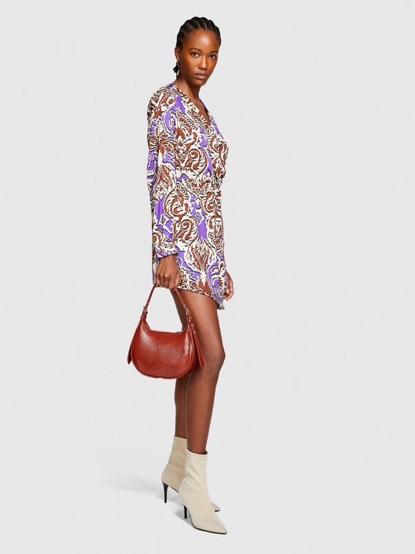 V Yaka Desenli Hafif Dökümlü Uzun Kollu Elbise Kadın Turuncu Elbise - 323A42WELV04I