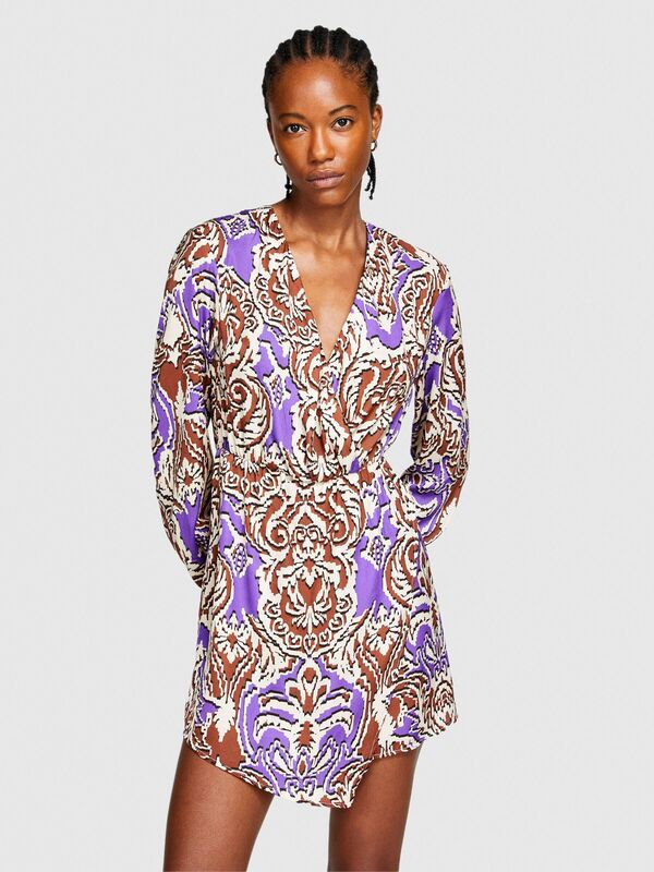 V Yaka Desenli Hafif Dökümlü Uzun Kollu Elbise Kadın Turuncu Elbise - 323A42WELV04I