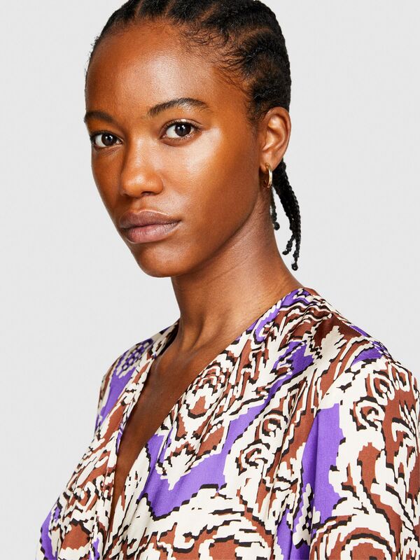 V Yaka Desenli Hafif Dökümlü Uzun Kollu Elbise Kadın Turuncu Elbise - 323A42WELV04I