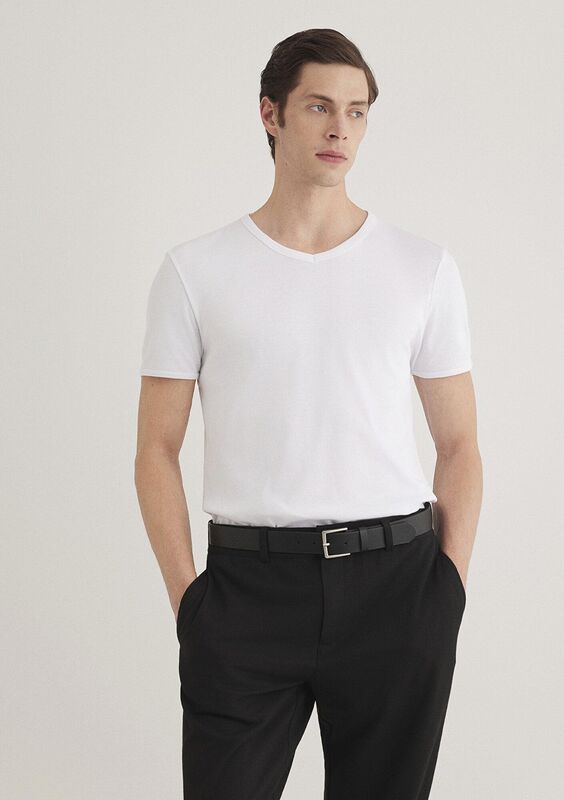 V YAKA TİŞÖRT Erkek Beyaz Basic T-Shirt - M063748