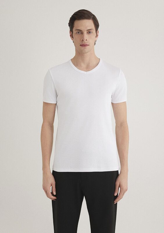 V YAKA TİŞÖRT Erkek Beyaz Basic T-Shirt - M063748