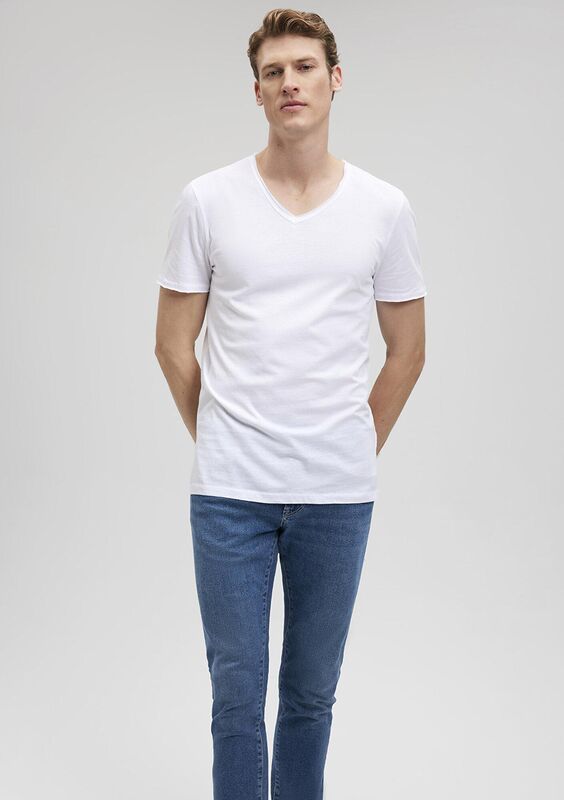 V YAKA TİŞÖRT Erkek Beyaz T-Shirt - M062773