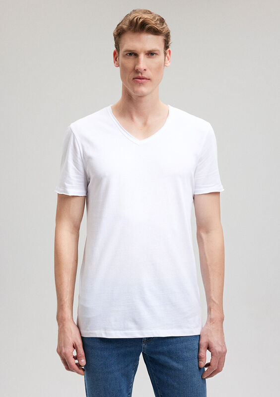 V YAKA TİŞÖRT Erkek Beyaz T-Shirt - M062773