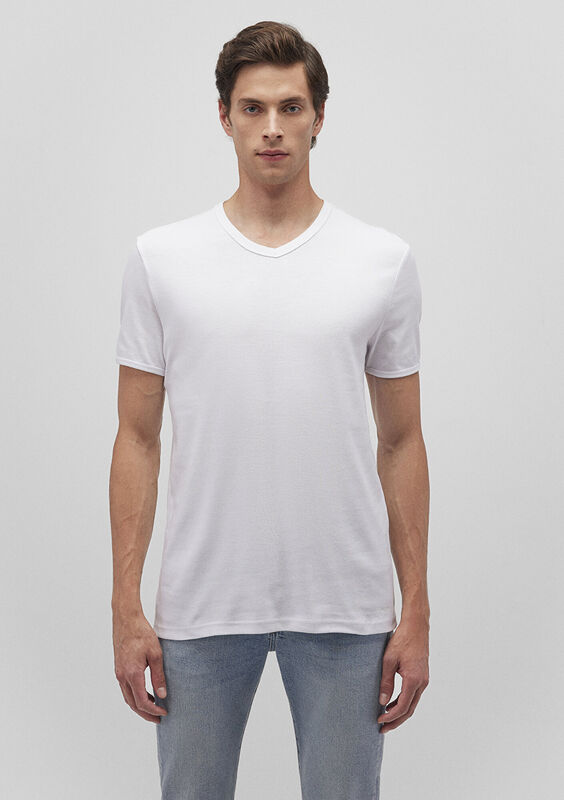 V YAKA TİŞÖRT Erkek Beyaz T-Shirt - M063748