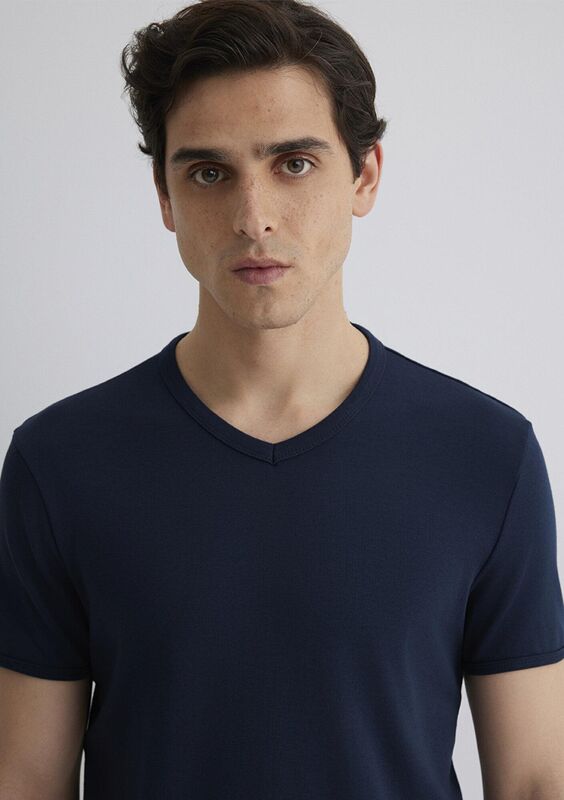 V YAKA TİŞÖRT Erkek Koyu Mavi Basic T-Shirt - M063748