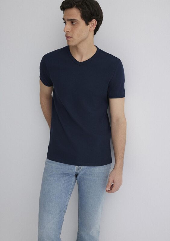 V YAKA TİŞÖRT Erkek Koyu Mavi T-Shirt - M063748