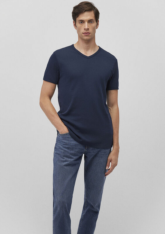V YAKA TİŞÖRT Erkek Koyu Mavi T-Shirt - M063748